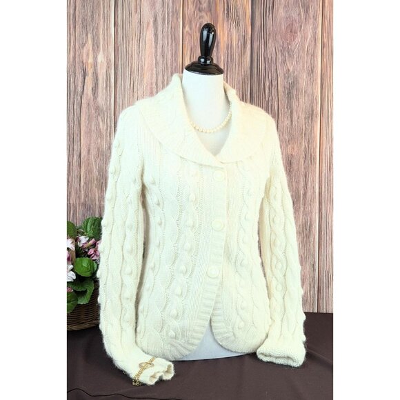 Vintage 80s Womens Popcorn Knit Cowl Neck Cardigan Angora & Lambs Wool Sweater - Picture 2 of 9
